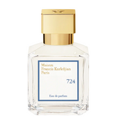 A clear glass bottle of 724 Maison Francis Kurkdjian Eau de parfum with a gold-colored cap.