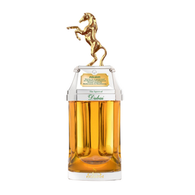 Abjar The Spirit of Dubai A luxurious fragrance bottle designed for both women and men, with a gold horse figurine on the cap and the label reading 'Abjar The Spirit of Dubai'.