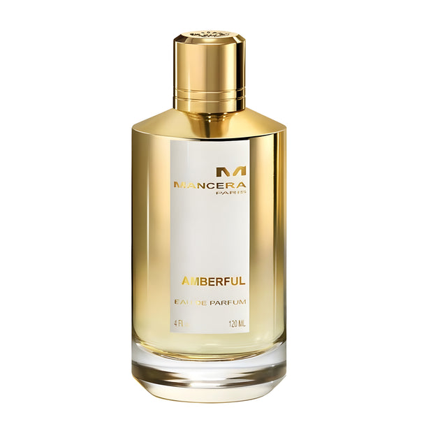 Perfume bottle labeled 'Ninccera Amberful' with gold cap on a white background