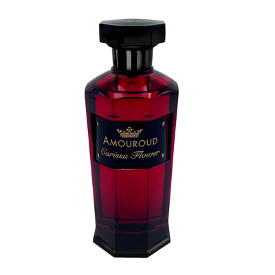 Red perfume bottle with black cap on a white background