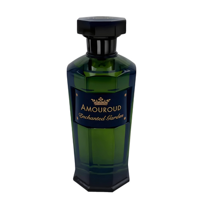 Green perfume bottle with black cap on a white background