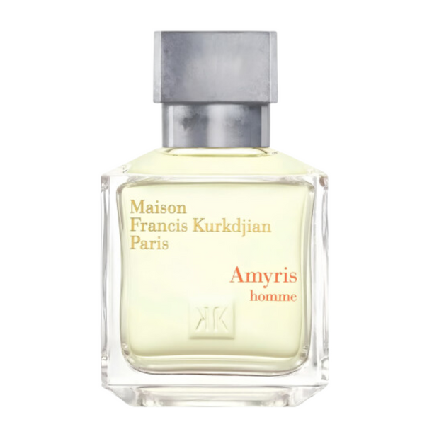 A glass bottle of Maison Francis Kurkdjian Amyris Homme fragrance with a gray cap and label.