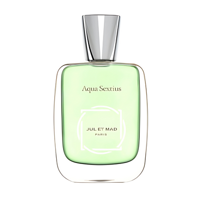 Aqua Sextius A green bottle of Aqua Sextius perfume with a silver cap, labeled with the brand name Jul et Mad Paris.