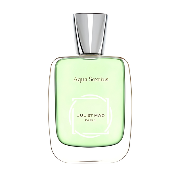 Aqua Sextius A green bottle of Aqua Sextius perfume with a silver cap, labeled with the brand name Jul et Mad Paris.