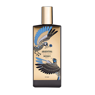 Argentina Art Land Perfume bottle with bird design on a beige background