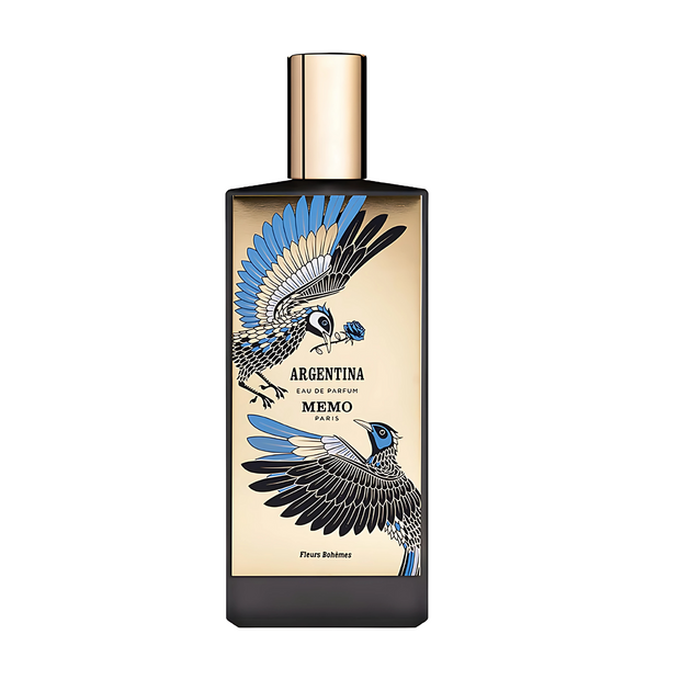 Argentina Fleurs Bohemes Perfume bottle with bird design on a white background