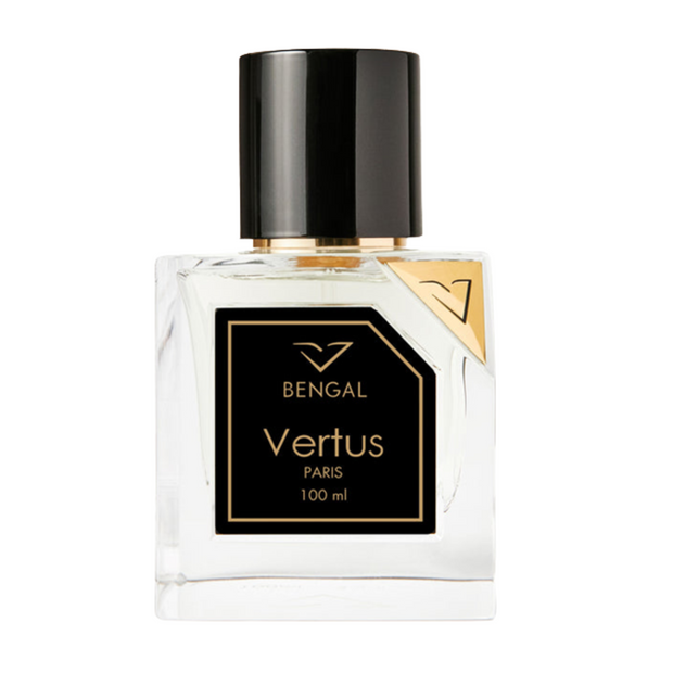 Bengal Vertus A bottle of Bengal Vertus perfume with a black label and gold accents, indicating a high-end, unisex fragrance.