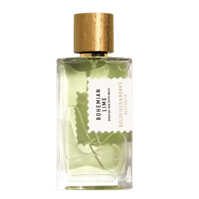 A bottle of 'Bohemian Lime' perfume by Goldfield & Banks Australia with a clear liquid visible inside and a gold-colored cap.