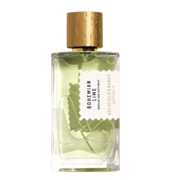 A bottle of 'Bohemian Lime' perfume by Goldfield & Banks Australia with a clear liquid visible inside and a gold-colored cap.