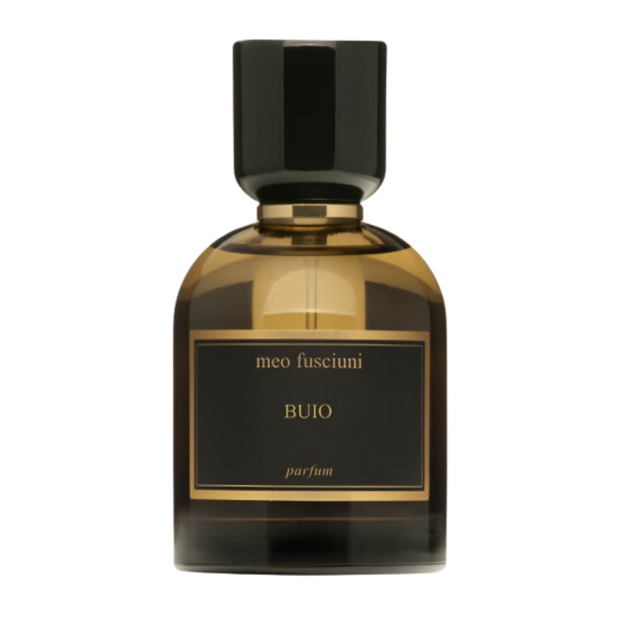 Buio Meo Fusciuni A bottle of 'Buio Meo Fusciuni' perfume with a dark amber label and a black cap.