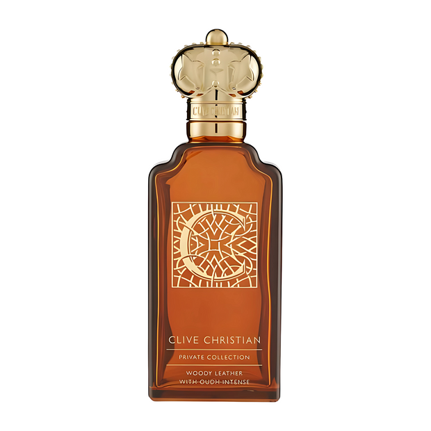 C for Men Woody Leather With Oudh Intense Clive Christian  Clive Christian perfume bottle with gold cap on a white background