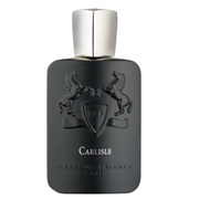 A black bottle of Carlisle Parfums de Marly eau de toilette with a silver cap and a shield emblem on the label.