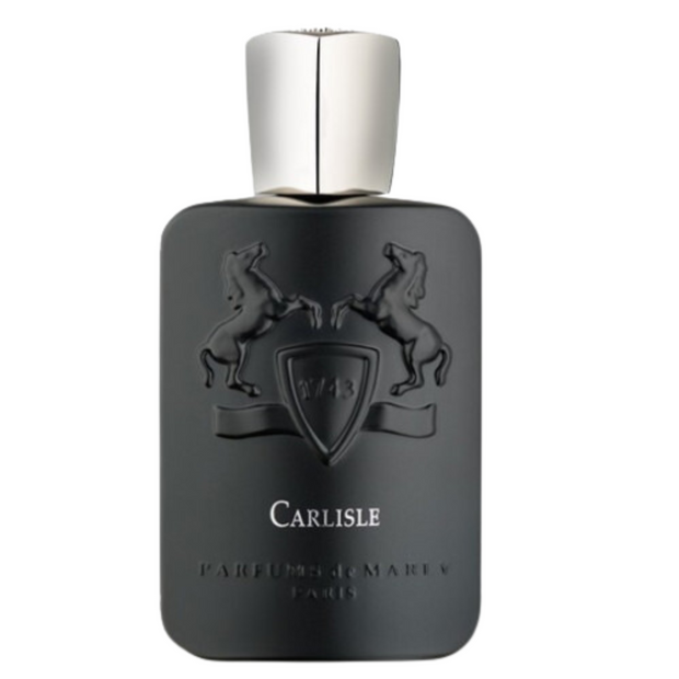 A black bottle of Carlisle Parfums de Marly eau de toilette with a silver cap and a shield emblem on the label.
