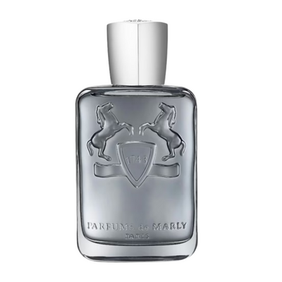 Castley Parfums de Marly Perfume bottle with silver cap and engraved design on a white background
