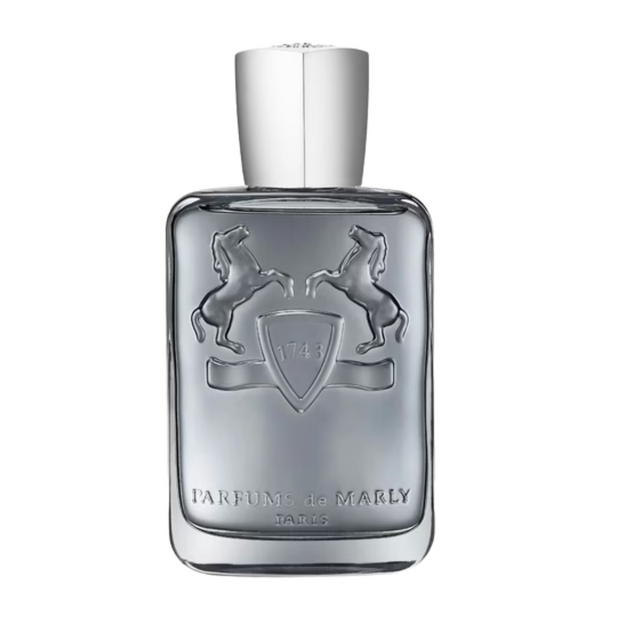 Castley Parfums de Marly Perfume bottle with silver cap and engraved design on a white background
