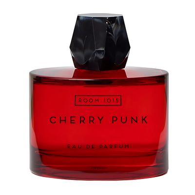 Red perfume bottle with black cap labeled 'Cherry Punk' by Room 1015 on a white background