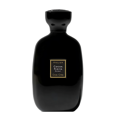 Cocoa Kimiya Atelier des Ors Black perfume bottle with gold label on a white background