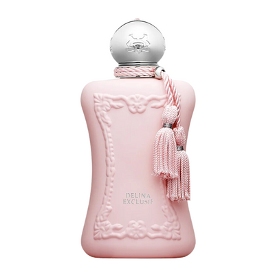 A pink bottle of Delina Exclusif Parfums de Marly with a floral design and a pink ribbon.