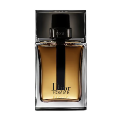A bottle of Dior Homme Parfum Dior for men, featuring a clear glass container with a black cap, filled with amber-colored liquid.