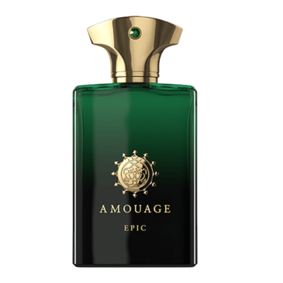 A tester bottle of Epic Man Amouage fragrance, featuring a dark green bottle with a gold-colored cap and a gold-colored label with the brand's logo and the word 'EPIC'.