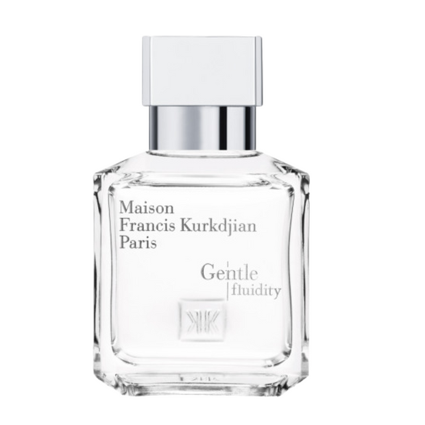 A clear glass bottle of Maison Francis Kurkdjian Gentle Fluidity fragrance with a white label and cap.