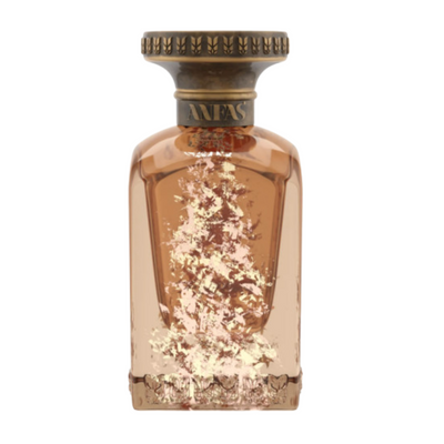 Ghala Anfas perfume A perfume bottle with a brown tint and decorative elements, containing a liquid with visible white flower petals suspended within.