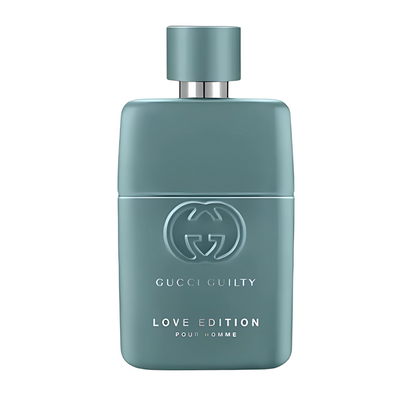 Love Edition Pour Homme A bottle of Gucci Guilty Love Edition Pour Homme cologne with a green tint and the Gucci logo on the front.