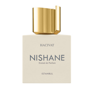 A bottle of Hacivat Nishane perfume with a gold-colored cap and a label that reads 'NISHANE Extract de Parfum ISTANBUL'.