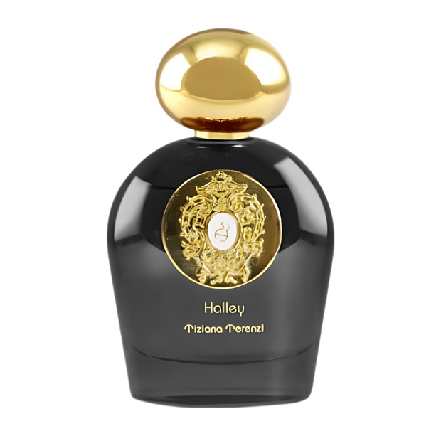 Halley Tiziana Terenzi  A black bottle with a gold cap and label featuring the name Halley Tiziana Terenzi.