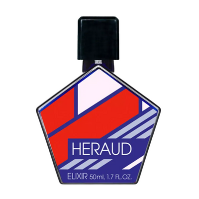 A bottle of Heraud Tauer Elixir perfume with a geometric design featuring red, blue, and white colors on the label.