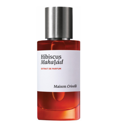 A bottle of Hibiscus Mahajad perfume by Maison Crivelli with a clear red liquid visible and a white label.