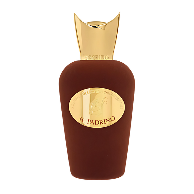 Il Padrino Sospiro Perfumes A bottle of Il Padrino Sospiro Perfumes with a brown tint and a gold-colored label and cap, displaying the brand and product name.
