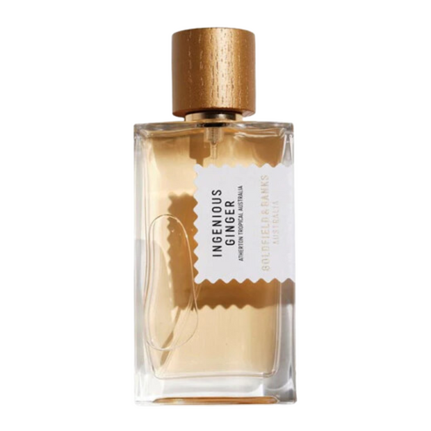 A bottle of Ingenious Ginger perfume by Goldfield & Banks Australia with a clear display of the product label and branding.