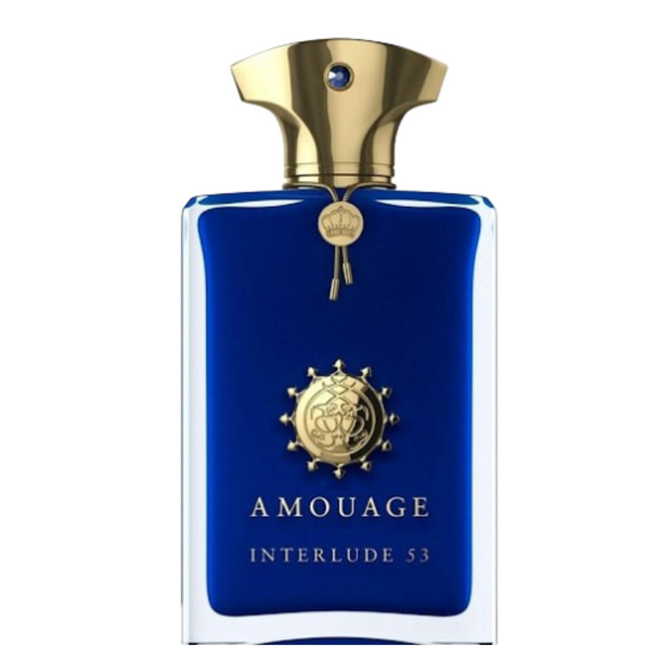 A bottle of Amouage Interlude 53 Man perfume, featuring a blue label and a gold-colored cap and medallion.