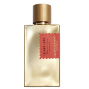 A bottle of Island Lush fragrance by Goldfield & Banks Australia with a beige label and gold-colored body.