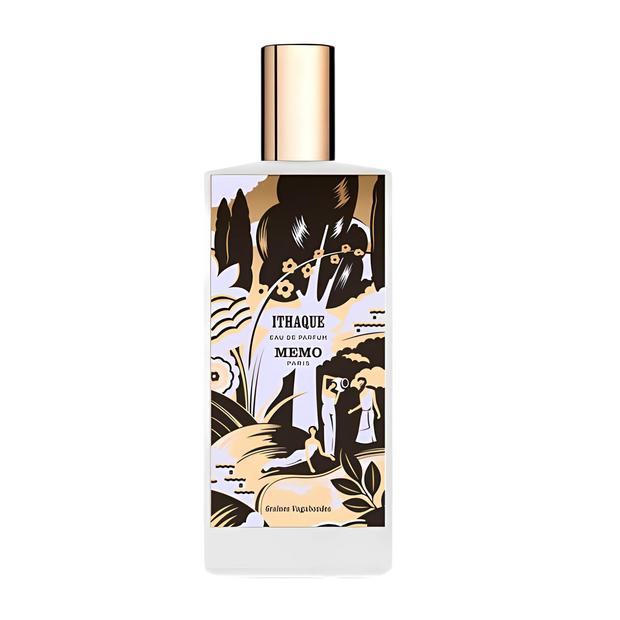 Ithaque Memo Paris A bottle of Ithaque Memo Paris fragrance with a floral design on the label and a gold-colored cap.