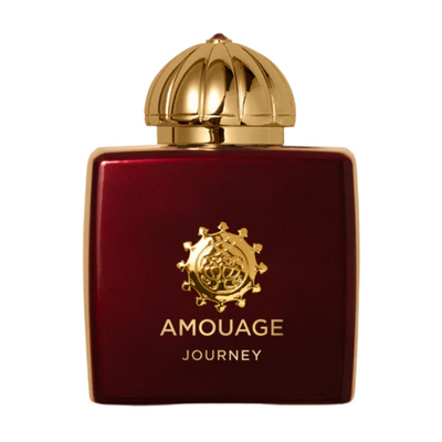 A red perfume bottle with a gold-colored cap, labeled 'Amouage Journey'.