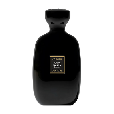 Kawa Karda Atelier des Ors Black perfume bottle with gold label on a white background