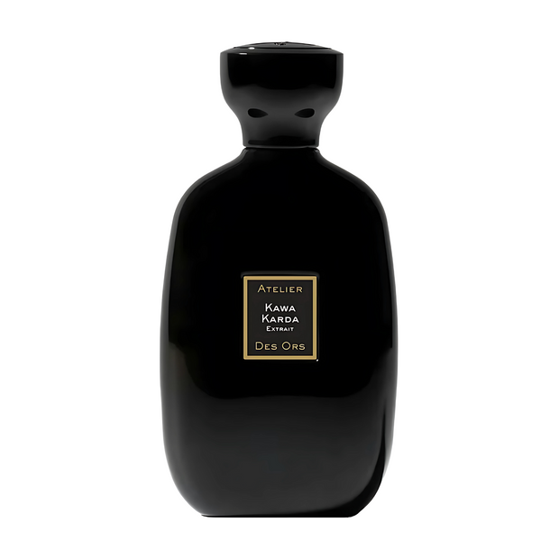 Kawa Karda Atelier des Ors Black perfume bottle with gold label on a white background