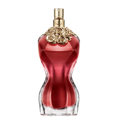 La Belle Jean Paul Gaultier A glass bottle of La Belle Jean Paul Gaultier perfume with a gold cap and floral design.