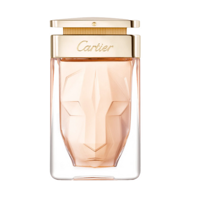 A tester bottle of Cartier La Panthere perfume for women, featuring a clear glass bottle with a gold-colored label and cap.