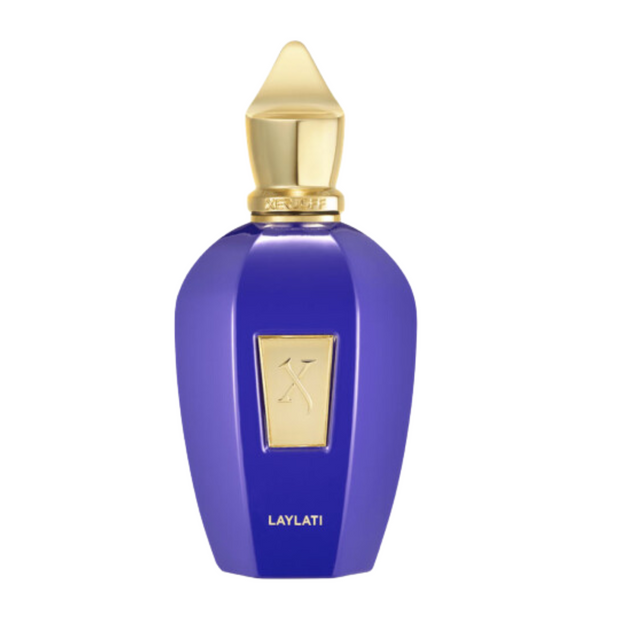 Laylati Xerjoff A blue bottle of Laylati Xerjoff perfume with a gold cap.