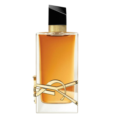 A bottle of Yves Saint Laurent Libre Intense fragrance for women, featuring a clear glass container with a gold-colored cap and a floral design around the base.