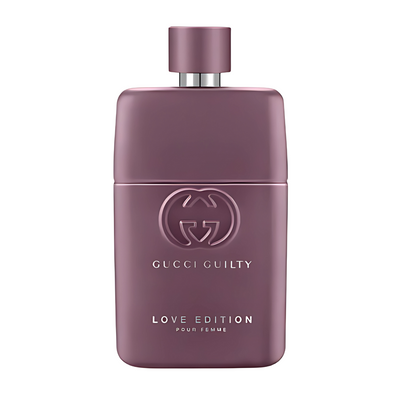  Love Edition Pour Femme A purple bottle of Gucci Guilty Love Edition Pour Femme perfume with a silver cap and Gucci logo on the front.