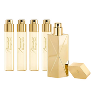 MFK Baccarat Rouge 540 Extrait Travel Set A set of MFK Baccarat Rouge 540 Extrait travel spray bottles in gold color, with one larger bottle and four smaller ones, displayed against a white background.