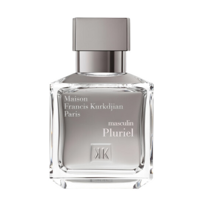 A clear glass bottle of Masculin Pluriel Maison Francis Kurkdjian masculine Pluriel cologne for men, with a silver cap and label.