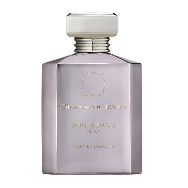 Montabaco Aruba A bottle of Montabaco Aruba fragrance by Ormonde Jayne with a clear, purple-tinted glass and a white cap.