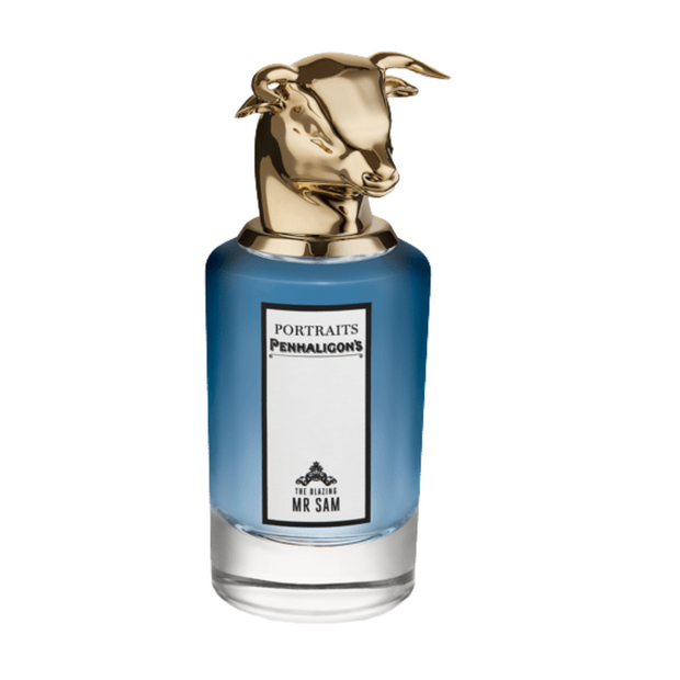 A bottle of Penhaligon's cologne with a distinctive gold bull head atop the cap, labeled 'Portraits' and 'Mr Sam'.