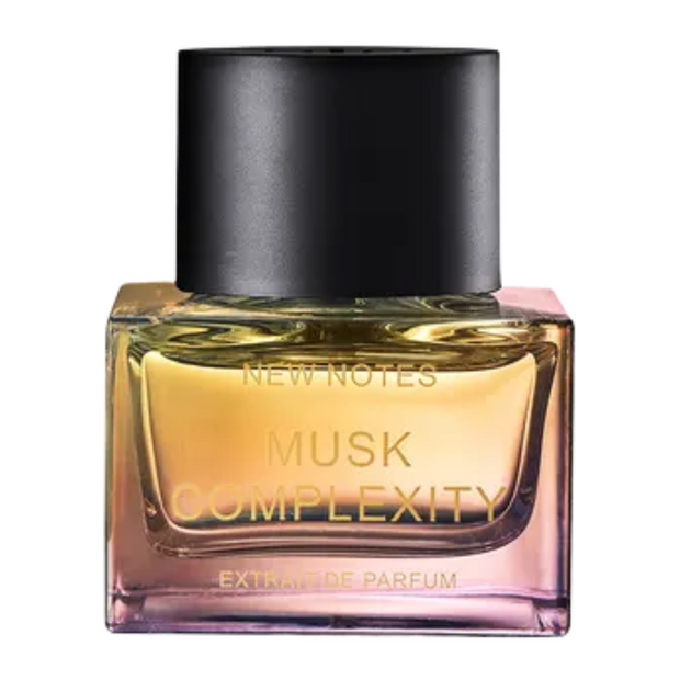 A bottle of 'New Notes Musk Complexity' perfume with a dark cap and a clear to purple gradient bottle, containing the fragrance.