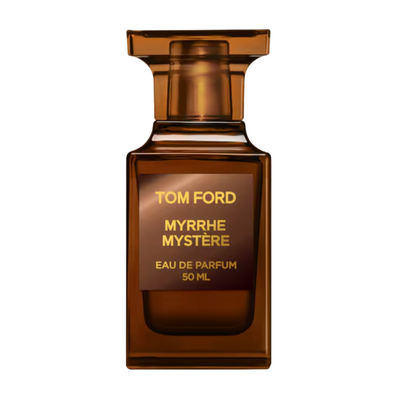 A brown bottle of Tom Ford Myrrhe Mystere Eau de Parfum, 50 mL.